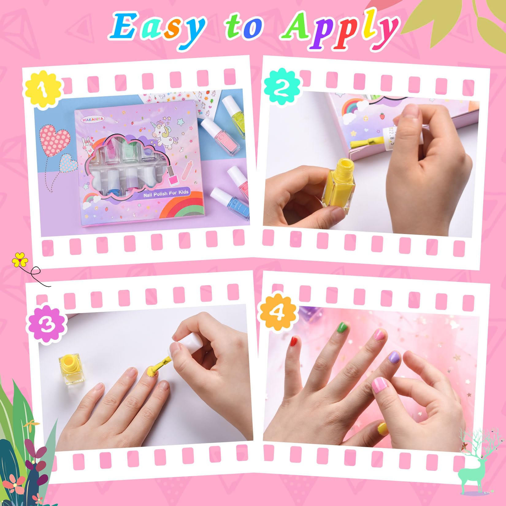 Vernis wakaniya à base eau, non toxique et léger sur les ongles des enfants.