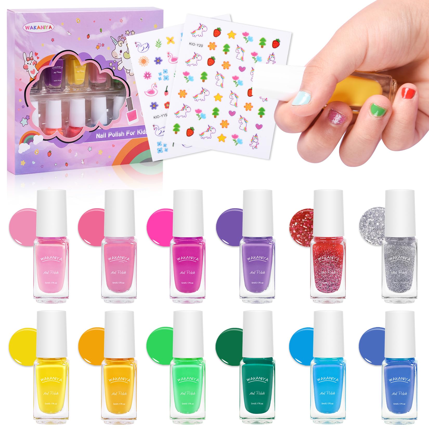 Vernis wakaniya pour enfants avec l’ensemble de 12 couleurs candy, application ludique.