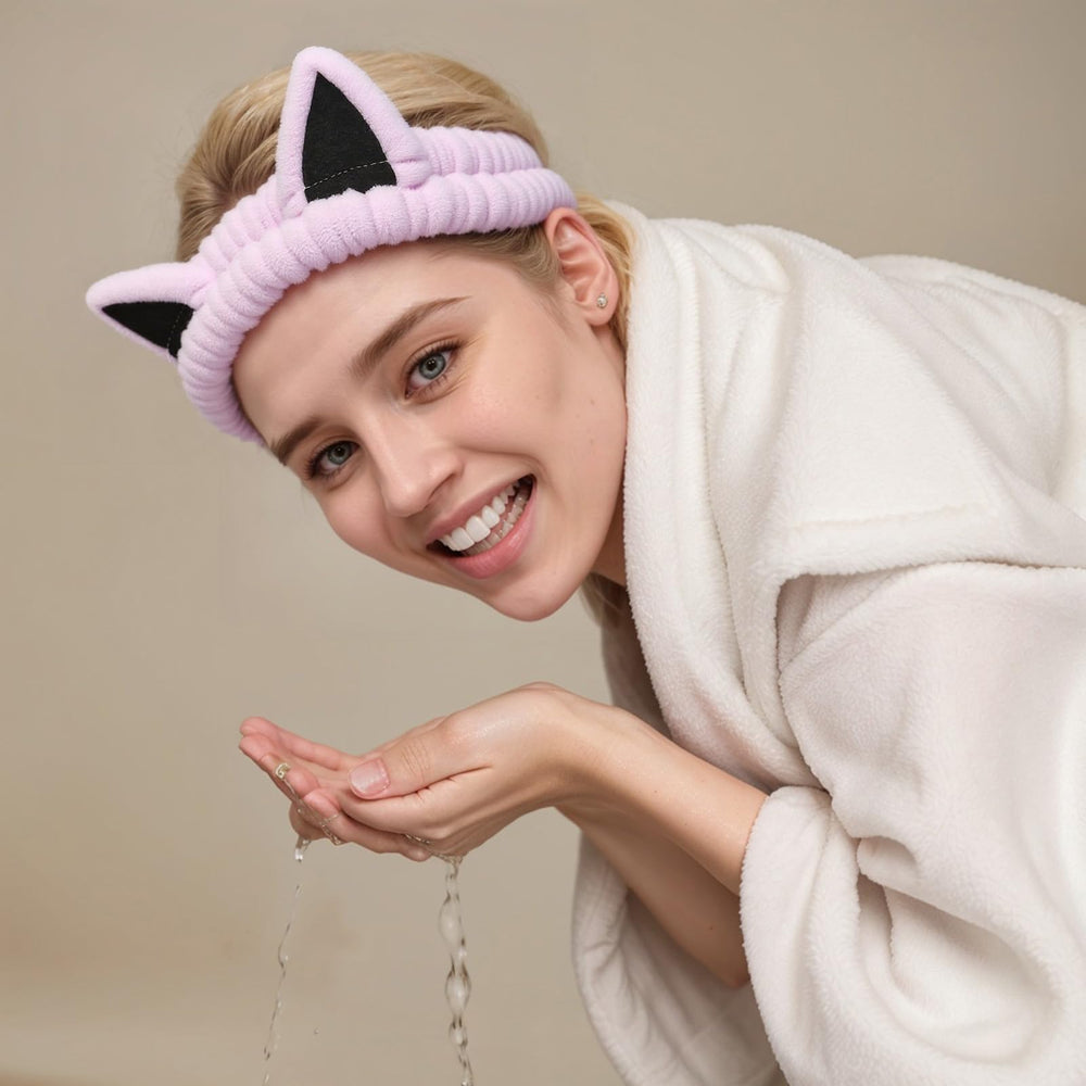 Bandeau Waliah oreilles de chat rose design mignon pour le lavage du visage