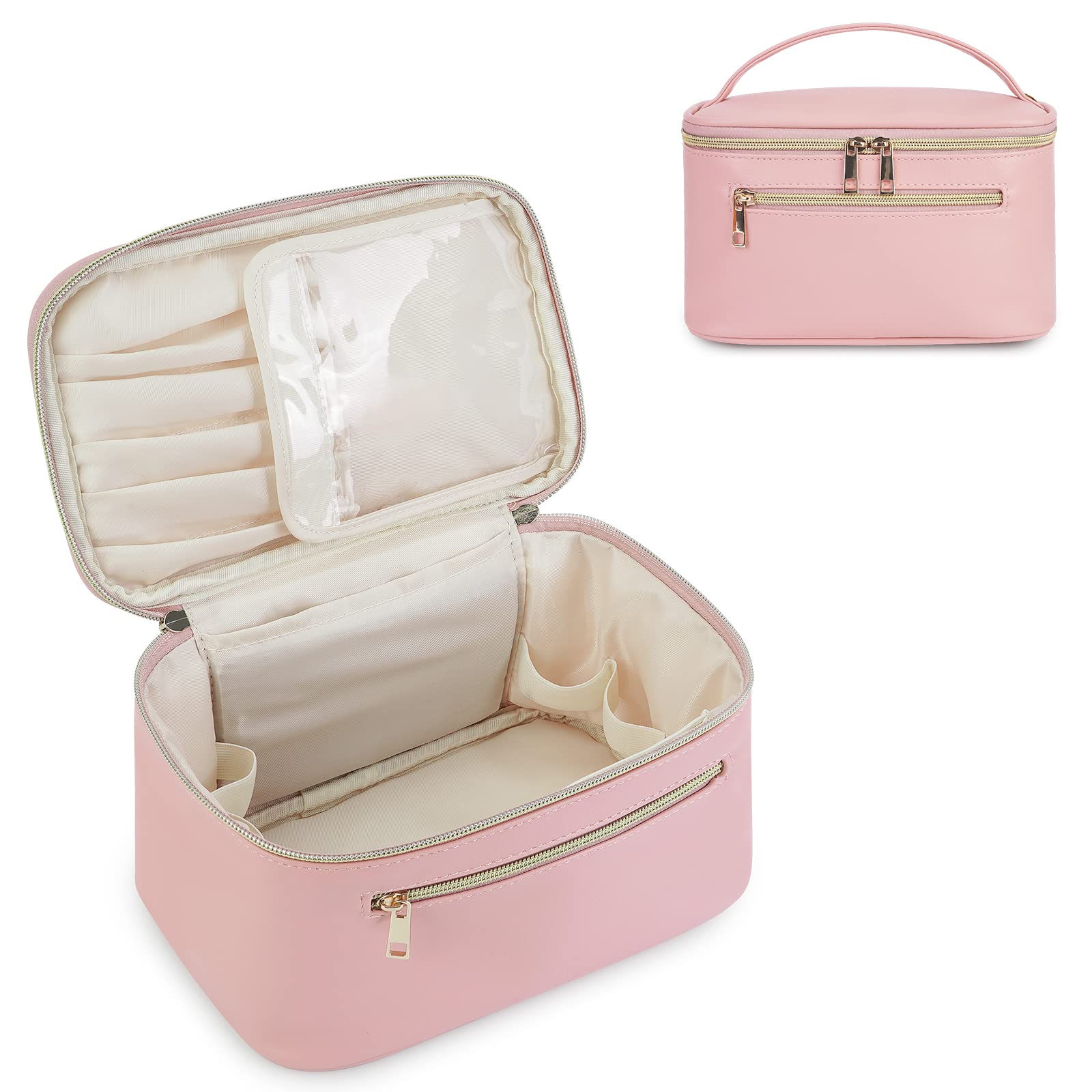 Sac de maquillage Wandering Nature en cuir végétalien rose prêt pour le voyage