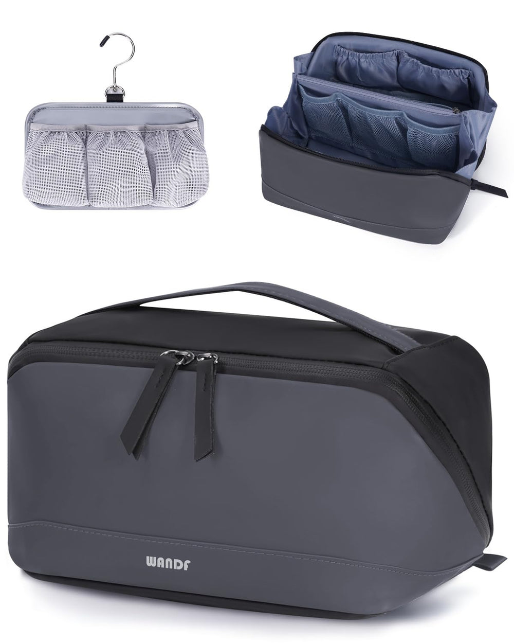 WANDF Trousse de toilette homme avec poche pendante étanche et crochet 360° pour voyage et salle de bains.