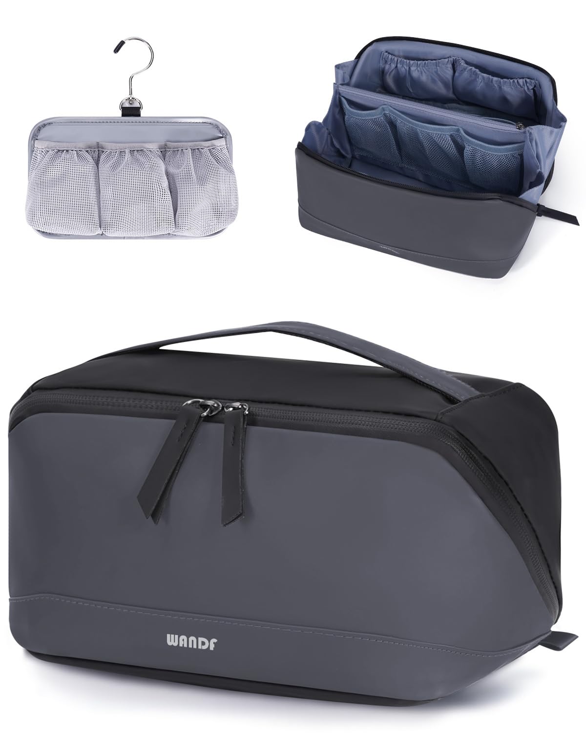 WANDF Trousse de toilette homme avec poche pendante étanche et crochet 360° pour voyage et salle de bains.