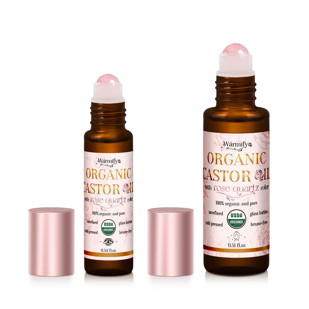 Warmify huile de ricin avec rouleau quartz rose visage pour hydratation ciblée.