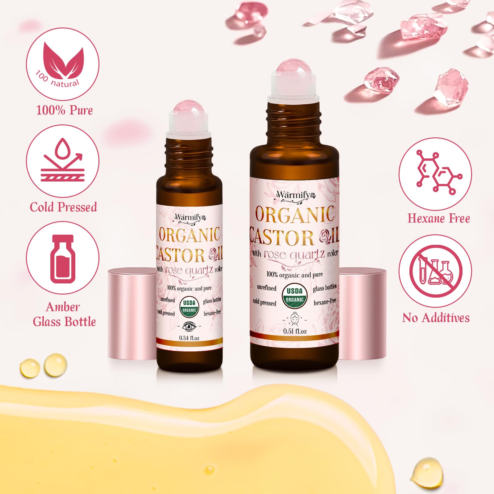 Warmify huile de ricin avec rouleau quartz rose yeux pour soin délicat.