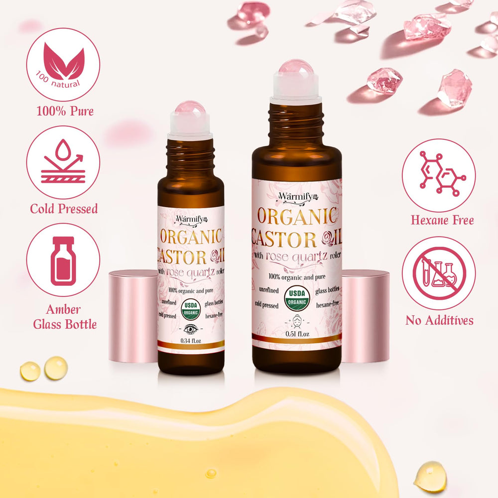 Warmify huile de ricin avec rouleau quartz rose yeux pour soin délicat.