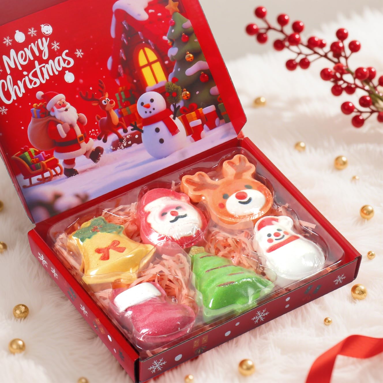 Warmlife Boules de bain Noël – forme Père Noël et couleurs pour un bain ludique.