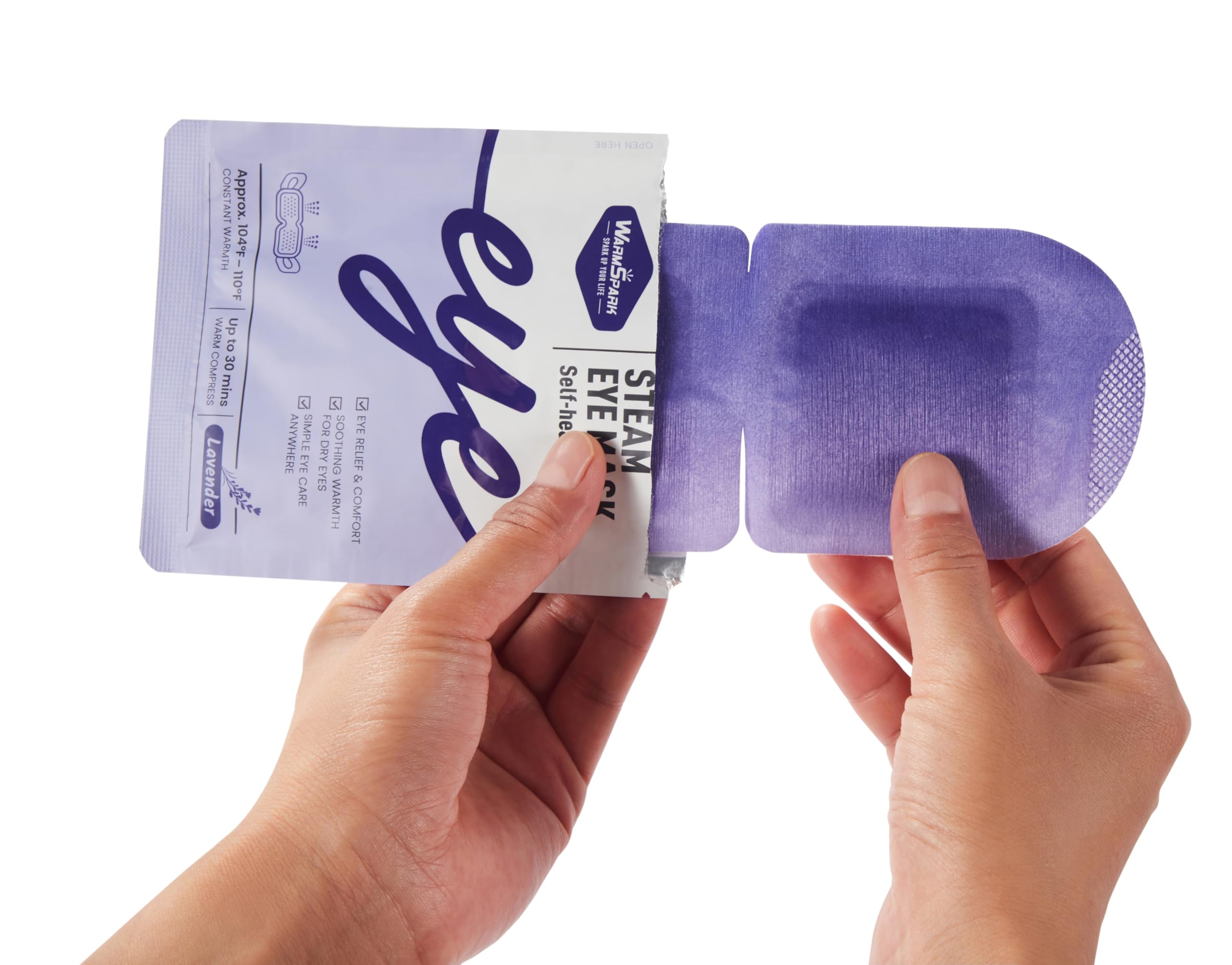 WarmSpark masque yeux auto-chauffant lavande dans emballage individuel pour voyage.