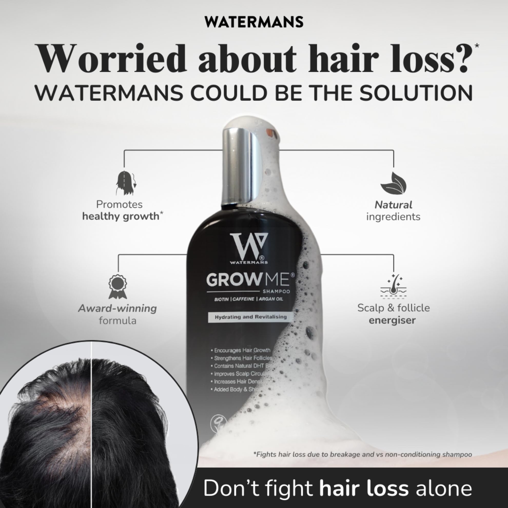 Watermans Grow Me Après-Shampoing: flacon pratique, démêlage facilité et douceur.