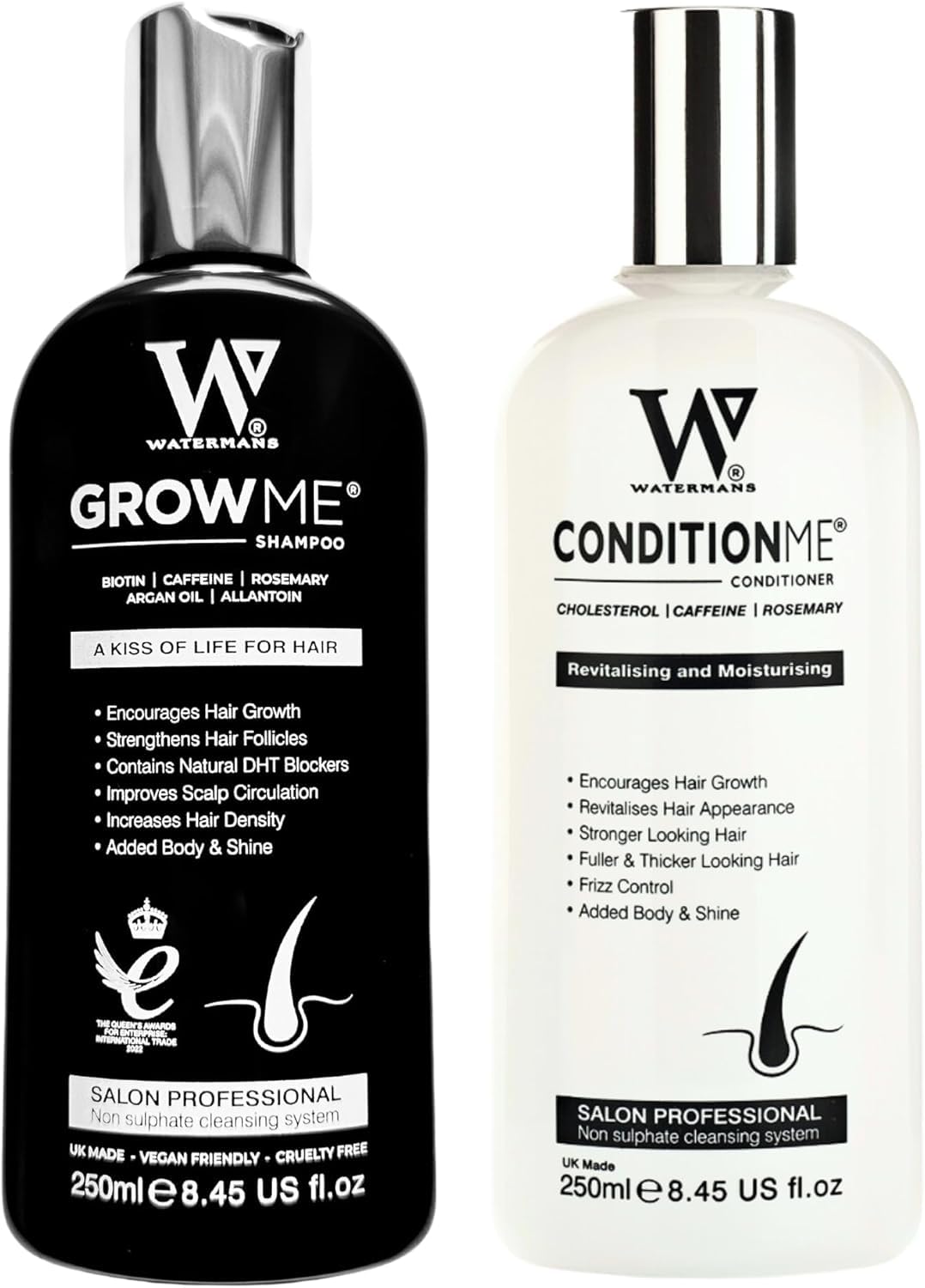 Watermans Grow Me Shampoing: bouteille élégante, revitalisant pour cheveux fins.