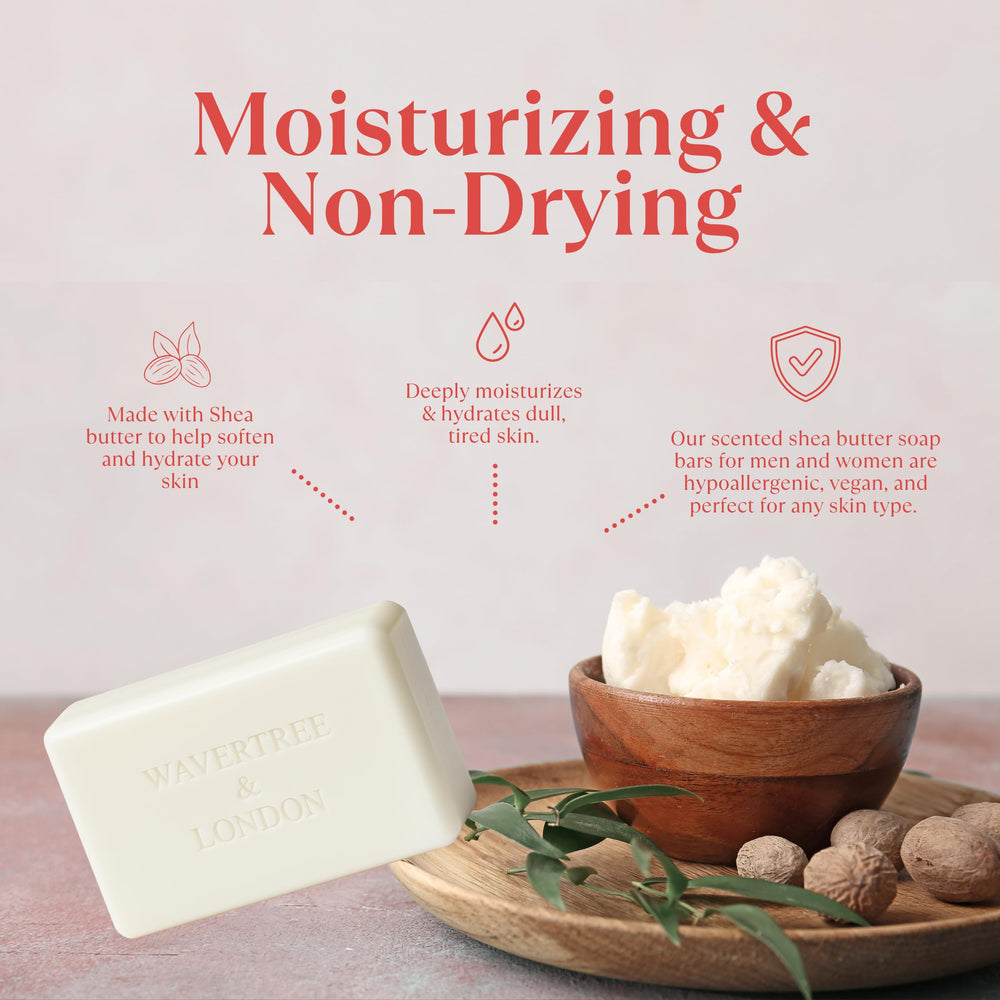 Beurre de karité bio intégré au savon Wavertree & London pour nourrir la peau.