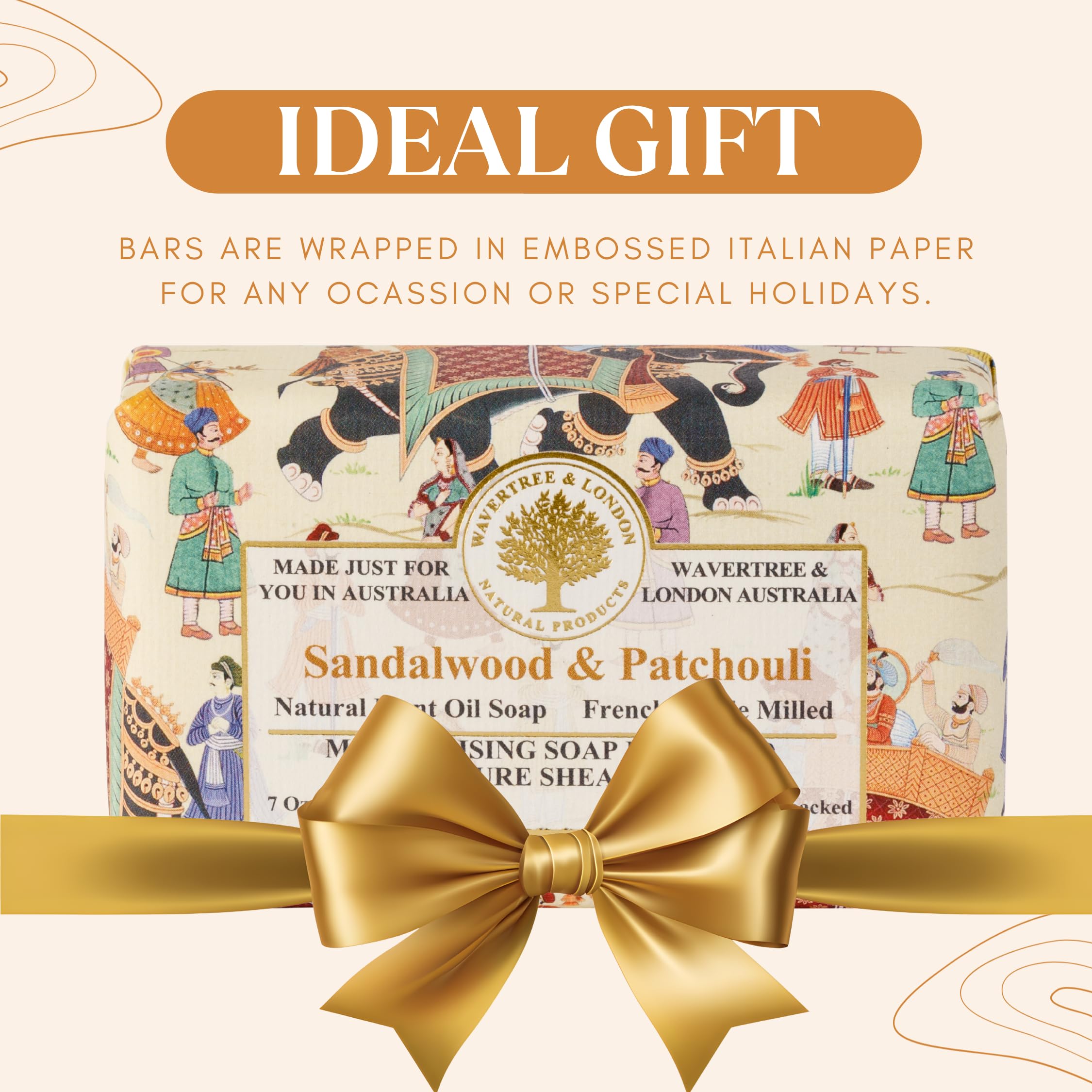 Cadeau luxe: savon parfumé Wavertree & London Santal Patchouli prêt à offrir.