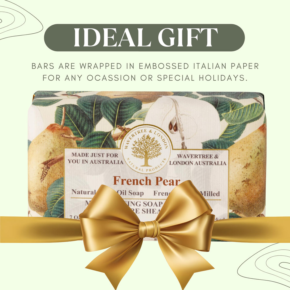 Emballage luxe du savon poire française prêt à offrir.
