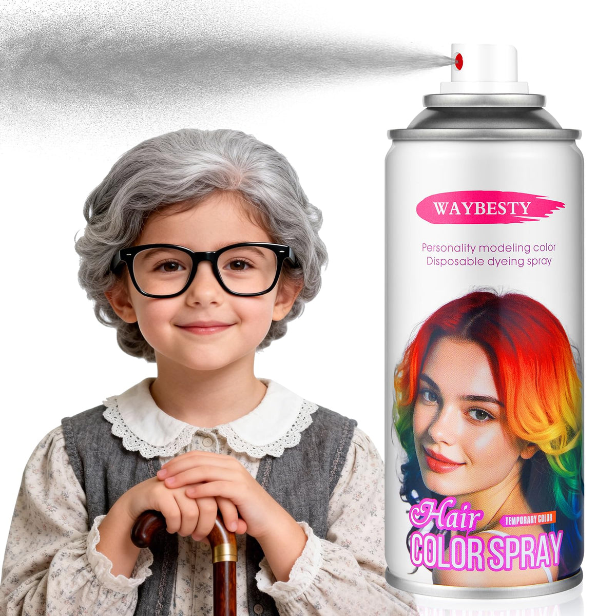 Waybesty spray couleur gris argenté: bouteille prête pour une transformation rapide lors d'une fête