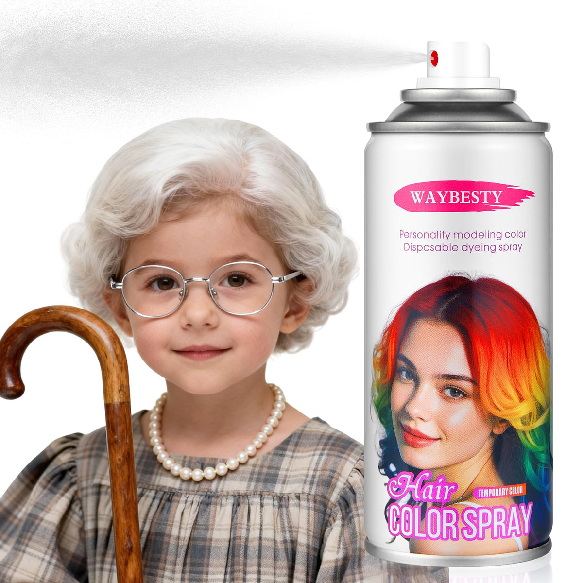 Waybesty spray couleur cheveux blanc — bouteille prête, couleur rapide et lavable.