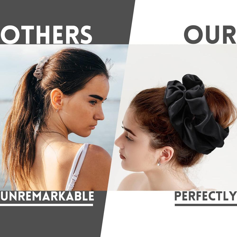 Waydress scrunchie satin noir oversize, douceur textile pour cheveux sensibles.