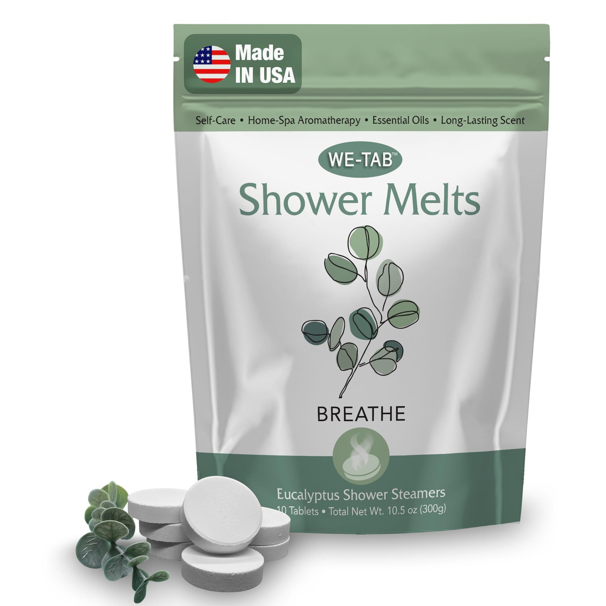 We-Tab tablettes douche eucalyptus pour respiration claire et rafraîchissante.