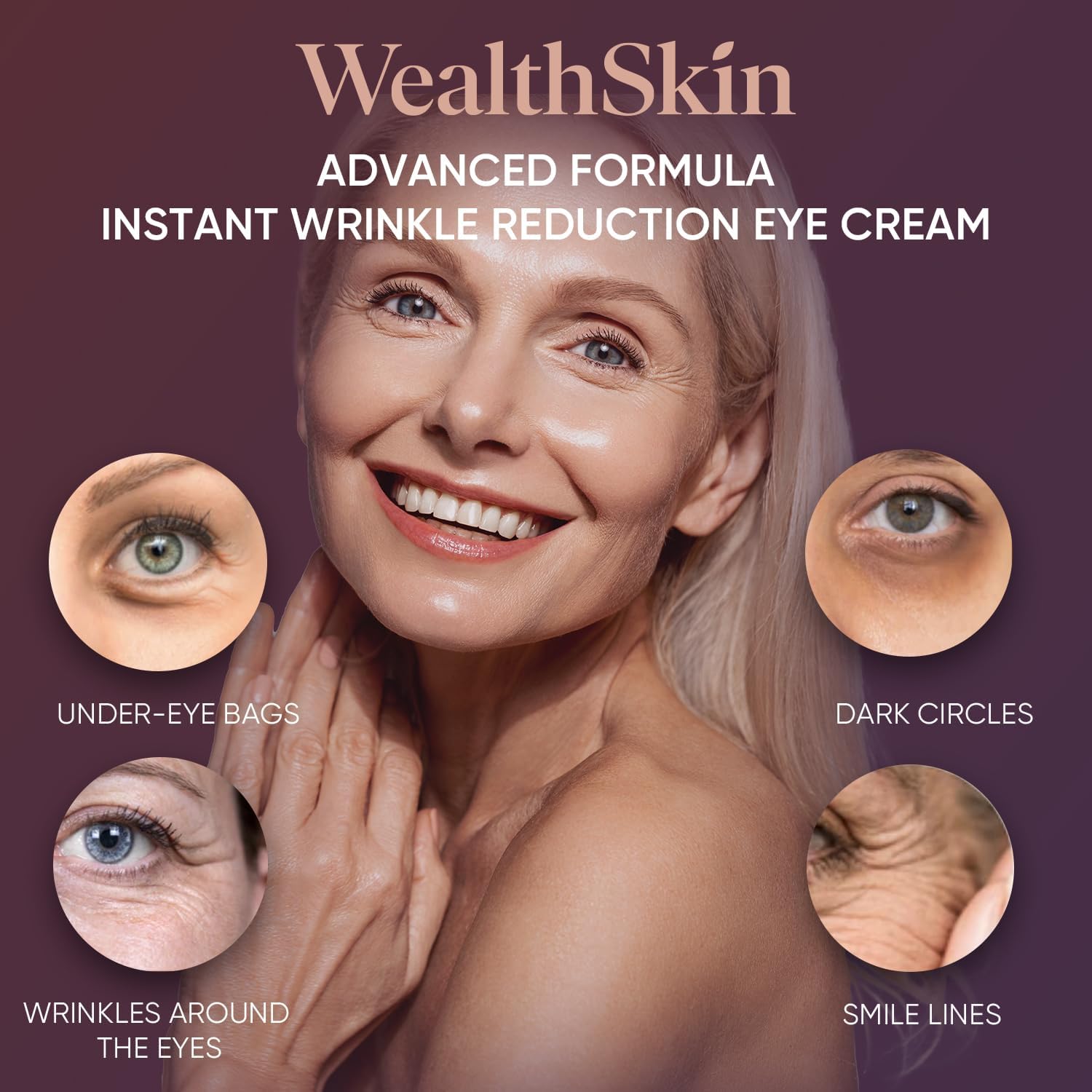 Wealthskin Crème Yeux Instantanée — application au doigt sur ridules visiblement lissées.