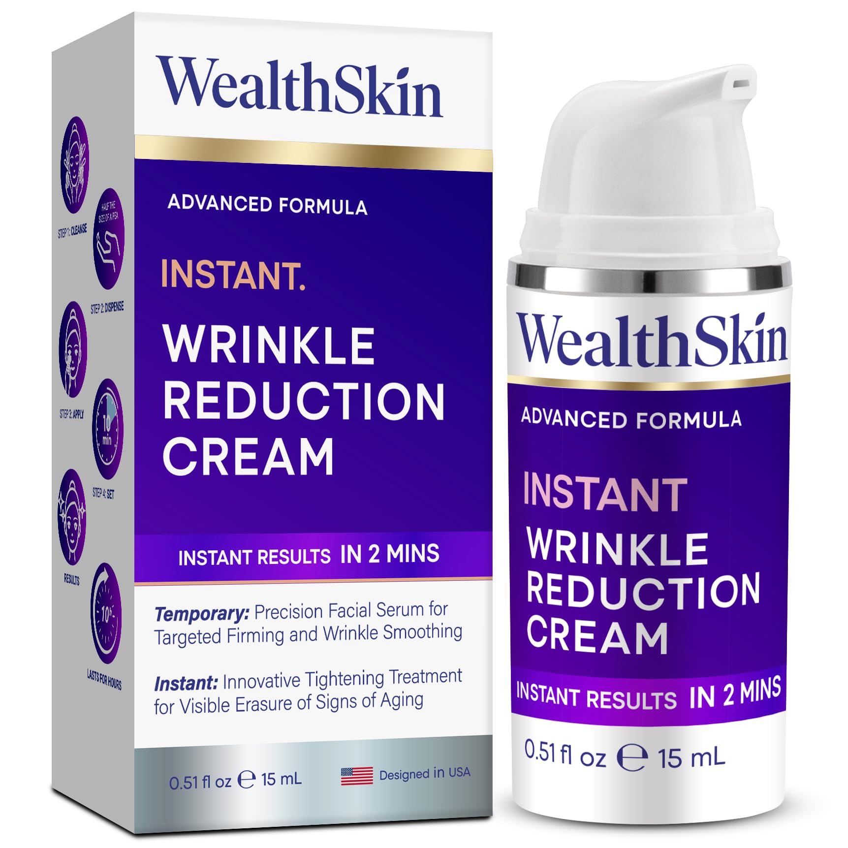 Wealthskin Crème Yeux Instantanée — bouteille montrant la texture légère prête à l'application.