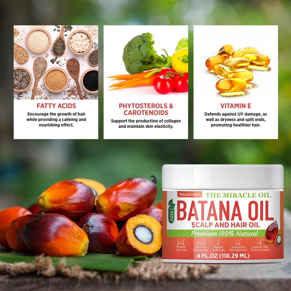 Wealthskin Ingrédients Batana – acides gras nourrissants pour cheveux en meilleure forme.