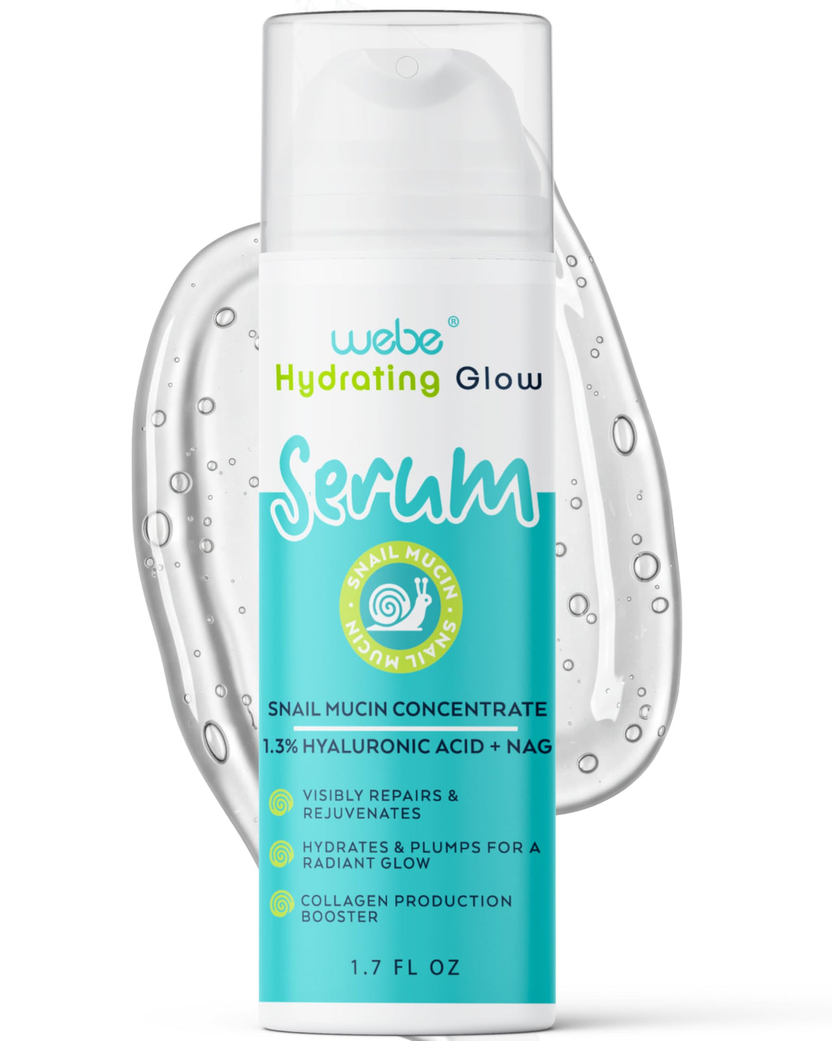 WEBE Sérum Éclat Mucin Escargot en bouteille, hydratation nourrissante.