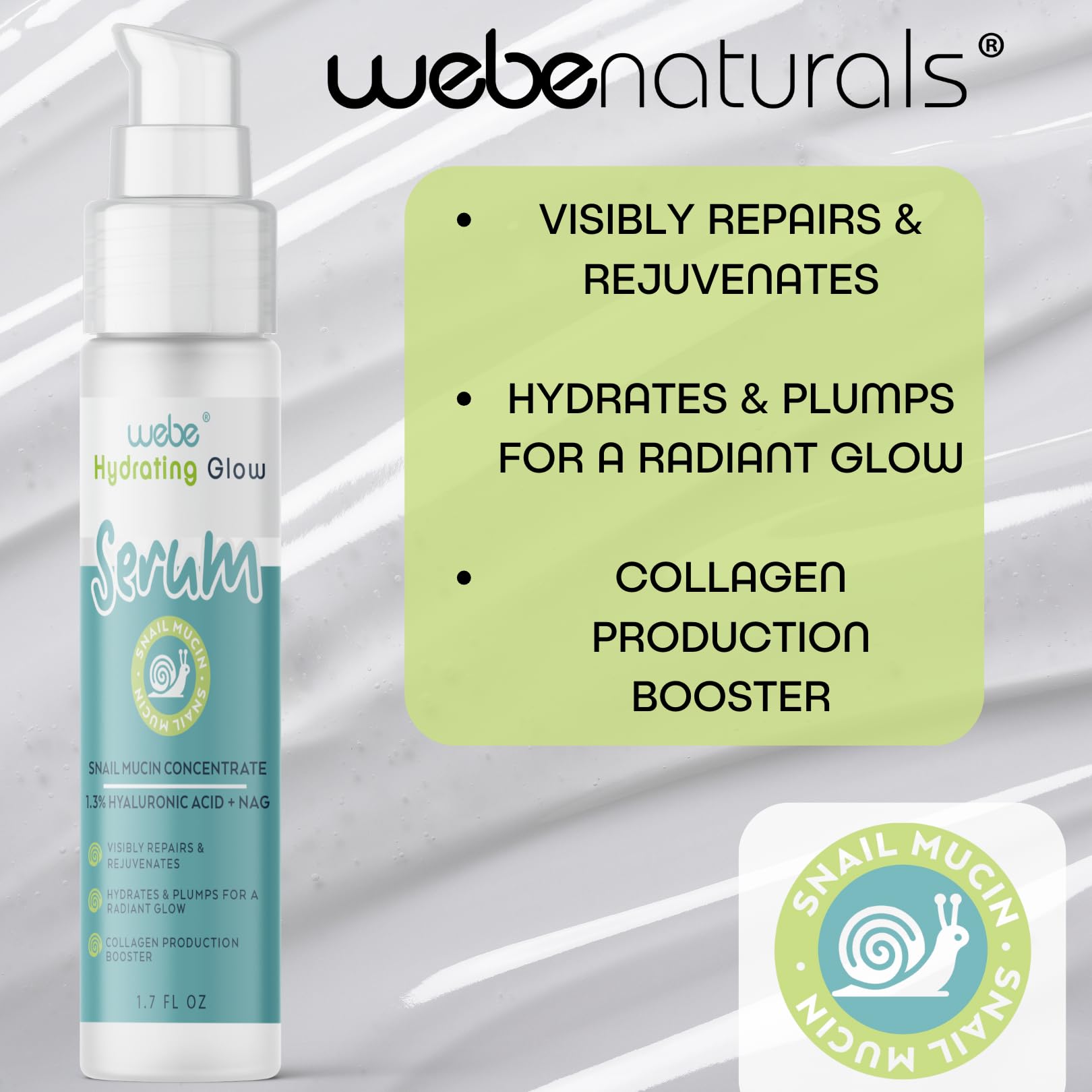 WEBE Sérum Éclat Mucin Escargot texture légère et lisse non grasse.