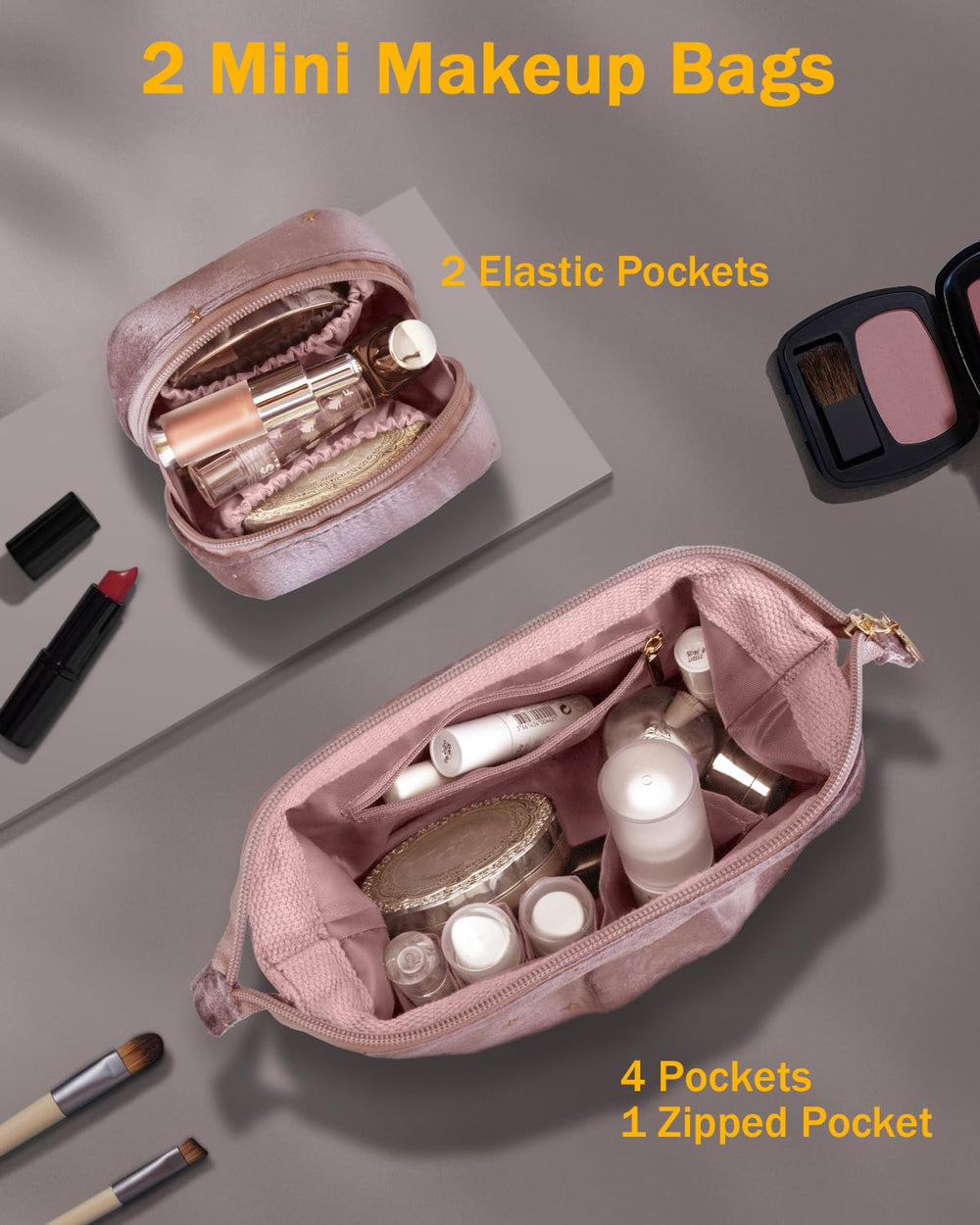Wedama sac maquillage double-couche, porte-pinceaux rose pratique et accessible.