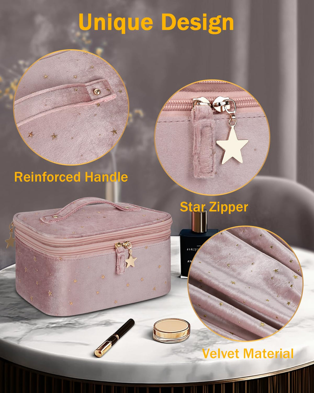 Wedama set trousse maquillage 3 pièces rose, polyvalent pour voyages et usage quotidien.