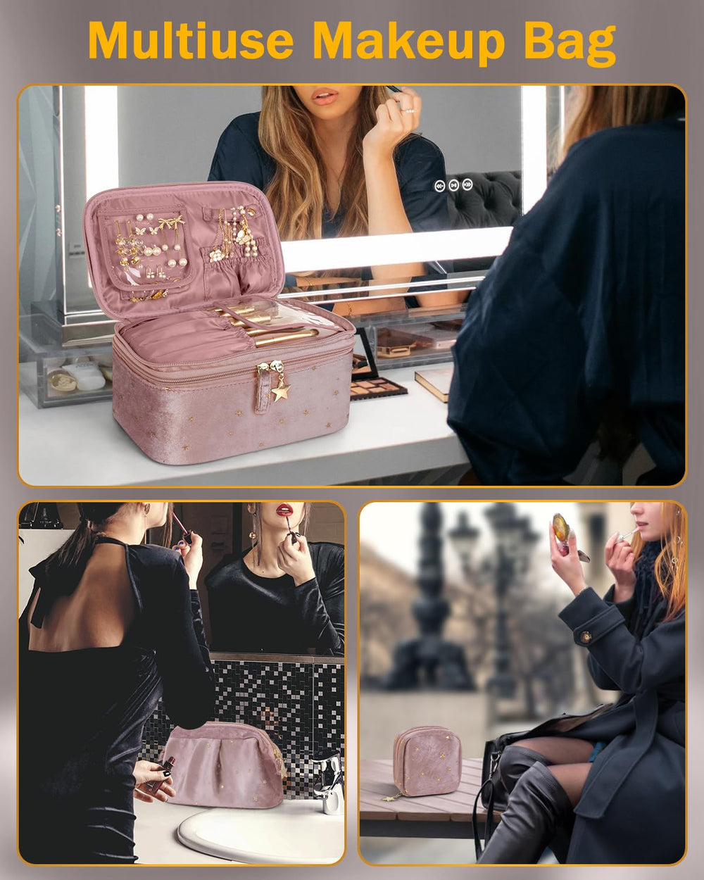 Wedama trousse velours intérieur élastiques rose, rangement sûr des essentiels.