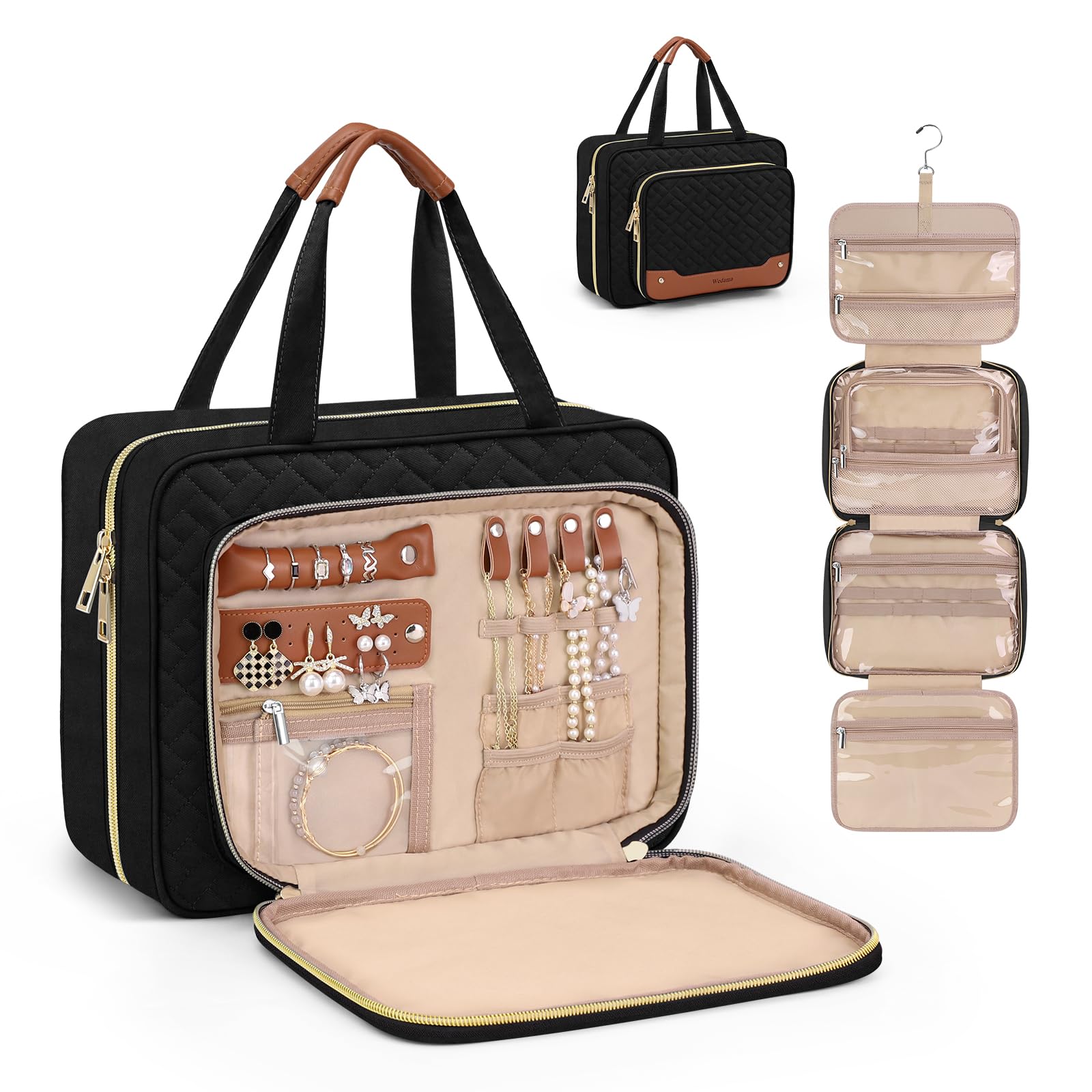 Wedama trousse toilette femme avec rangement bijoux, idéale pour voyage organisé et rangement sûr.
