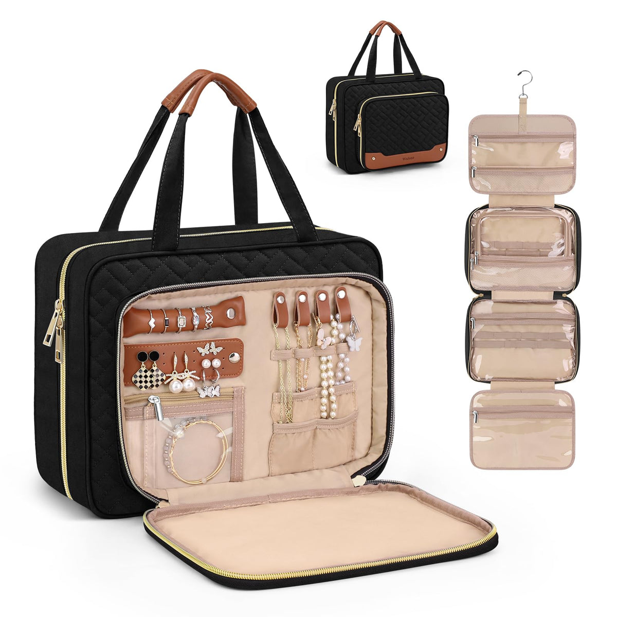 Wedama trousse toilette femme avec rangement bijoux, idéale pour voyage organisé et rangement sûr.