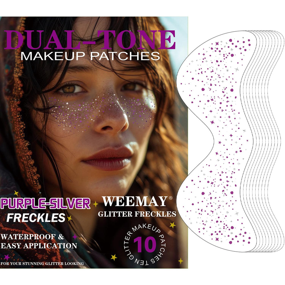 WEEMAY taches de rousseur paillettes violet et argent, apparence scintillante durable pour fêtes