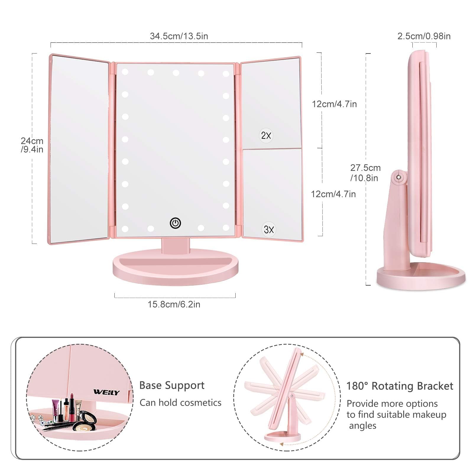 Miroir WEILY alimentation double USB et piles pratiques.