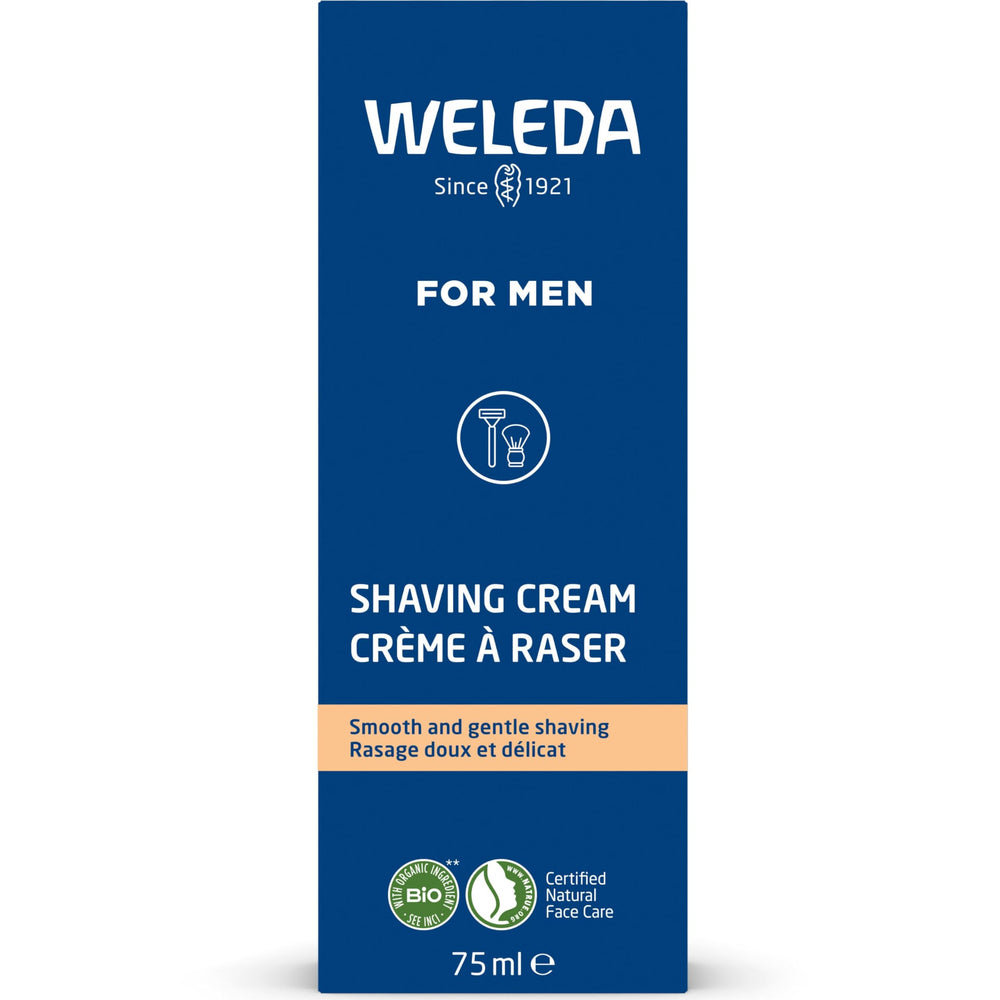 Emballage simple Weleda Crème de Rasage prêt à l’emploi sur le comptoir.
