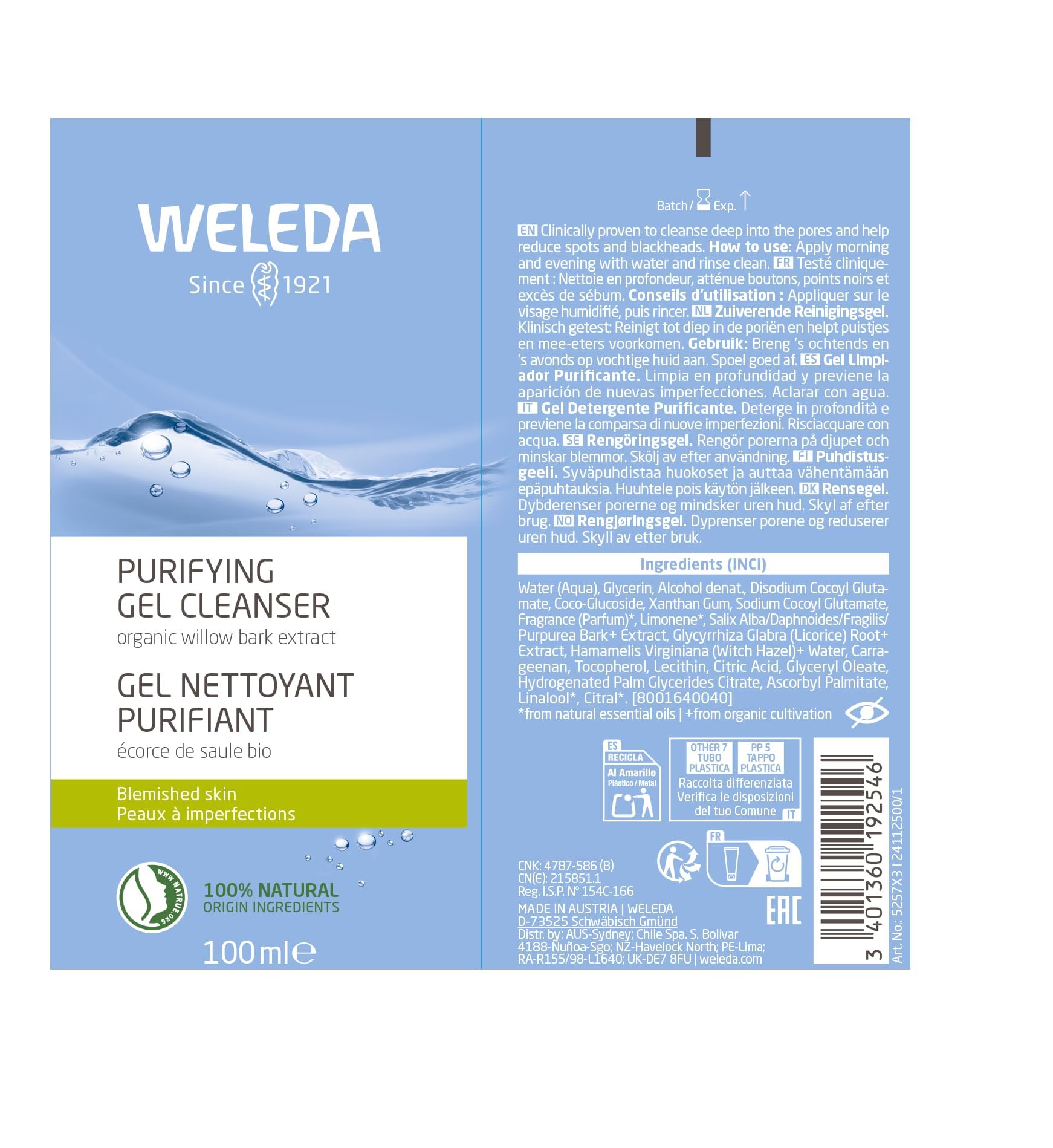 Weleda Gel nettoyant clarifiant pour le visage – texture mousse pour un teint lumineux et purifié.