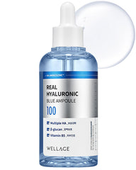Wellage Real Hyaluronic Blue Ampoule – bouteille translucide montrant l’hydratation profonde.
