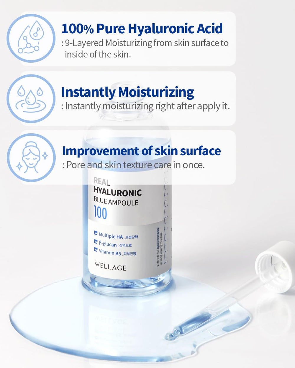 Wellage Real Hyaluronic Blue Ampoule – gouttes prêtes à l’emploi pour application rapide.