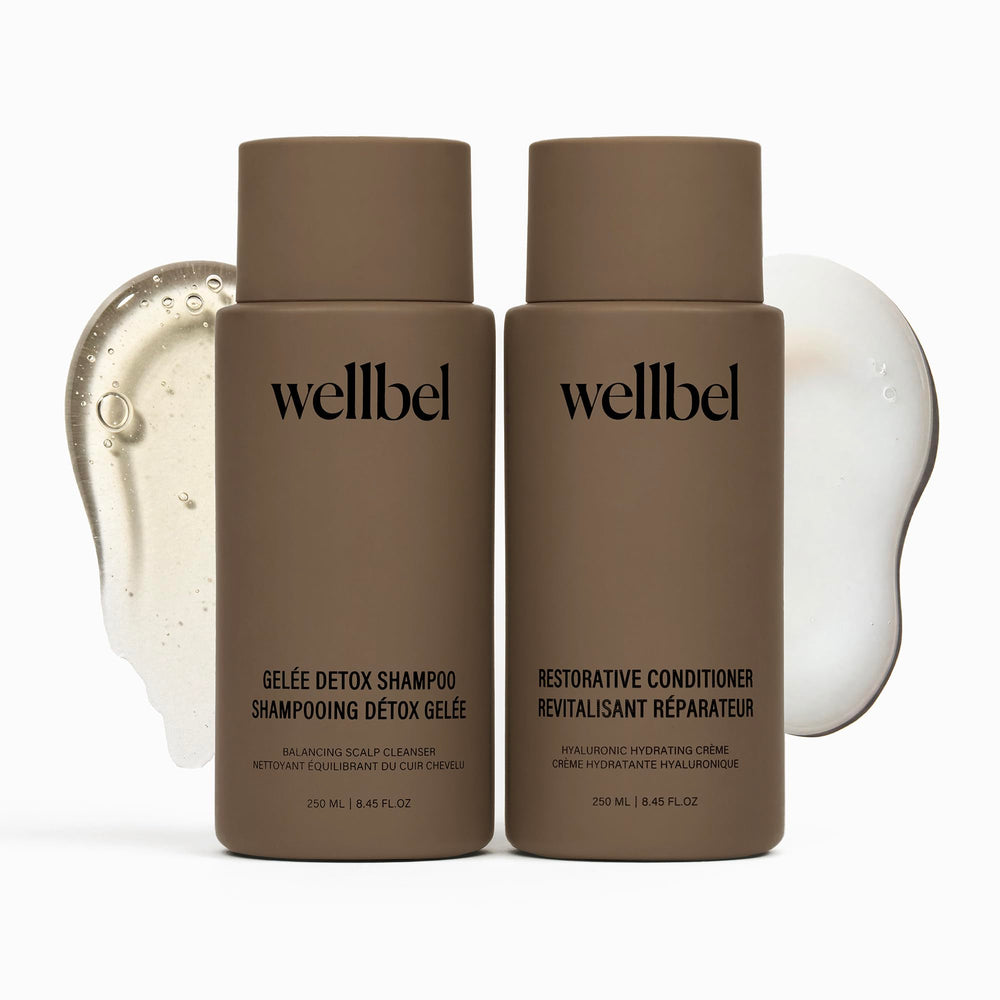 Shampooing WELLBEL Detox-Restore Duo en bouteille offrant purification et hydratation capillaire