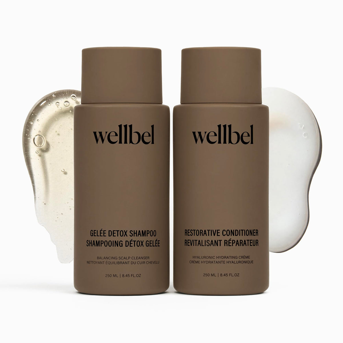 Shampooing WELLBEL Detox-Restore Duo en bouteille offrant purification et hydratation capillaire