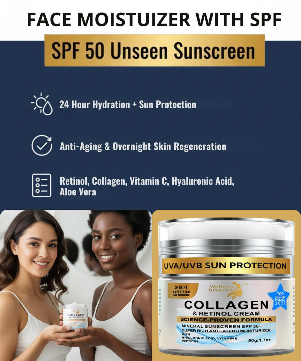 Application sur le visage avec Wellness Heavens Crème Visage SPF50 pour un teint lumineux.
