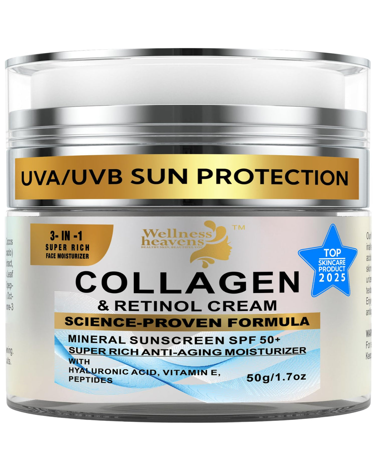 Wellness Heavens Crème Visage SPF50 emballage élégant pour une routine soin.