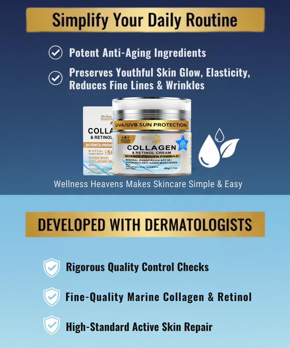 Ingrédients clés: collagène, rétinol et hyaluronique dans Wellness Heavens Crème Visage SPF50.