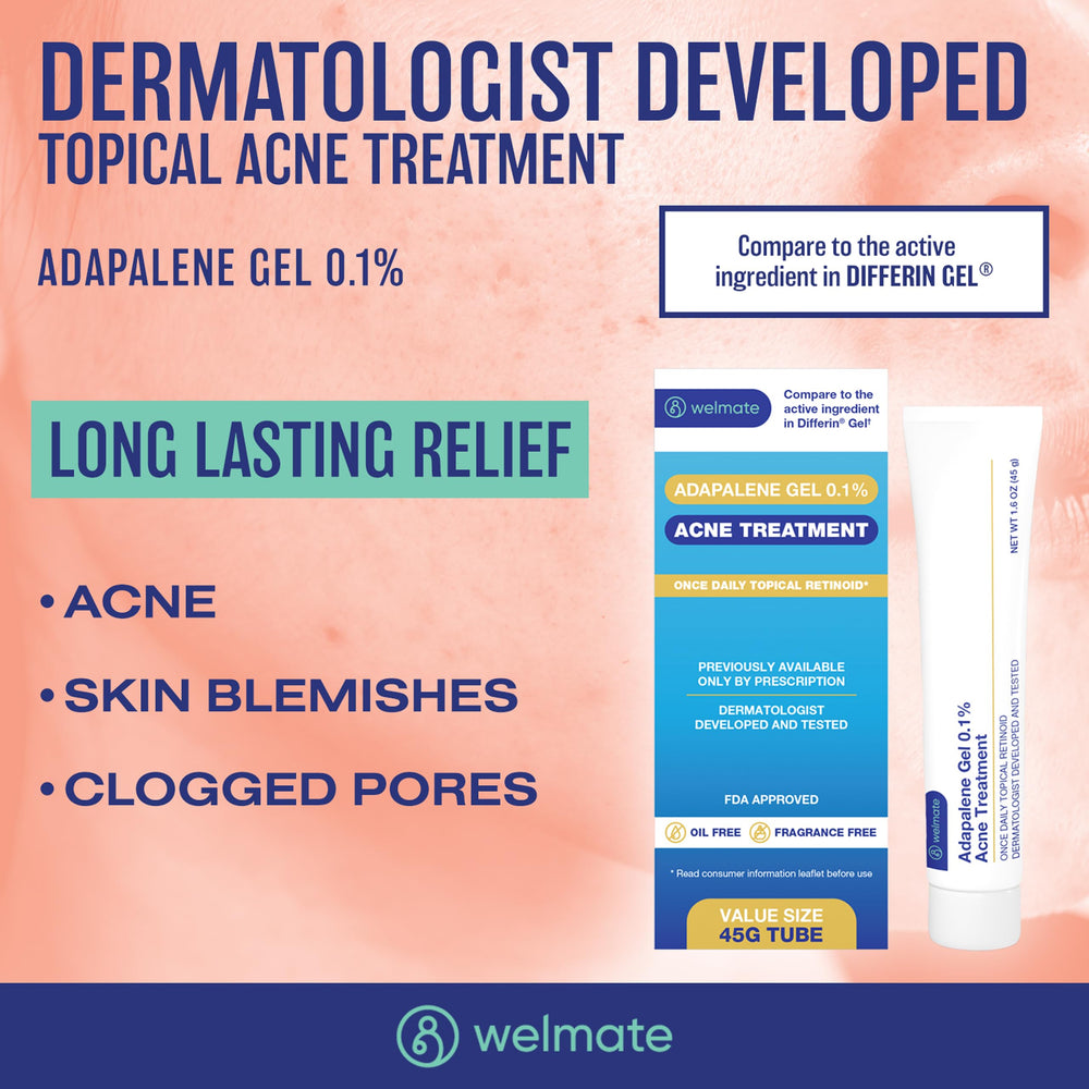 Welmate Adapalene Gel 0,1% ciblant les boutons et les imperfections.