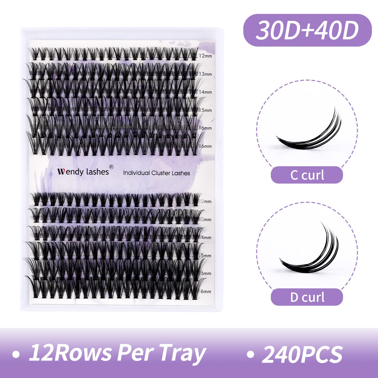 Wendy Lashes: clusters 30D/40D et longueurs 12–16 mm pour naturel et sur-mesure.