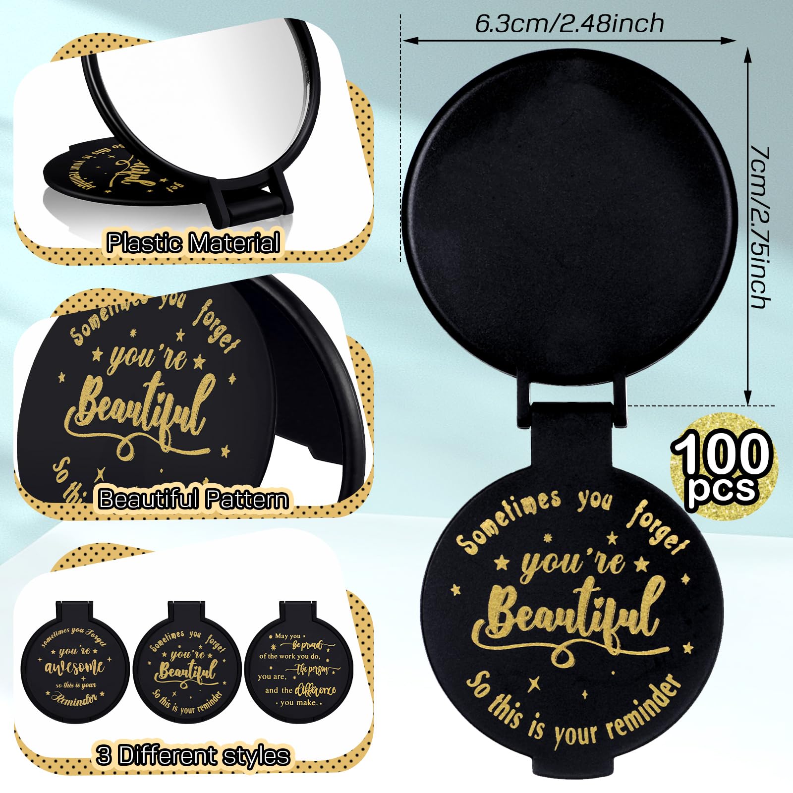 Miroir Wenqik de poche noir avec texte inspirant, idéal pour retouches rapides.