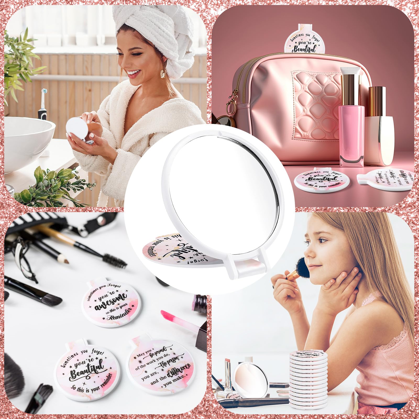 Miroir Wenqik compact 6,3 x 7 cm, rose clair, pratique en voyage