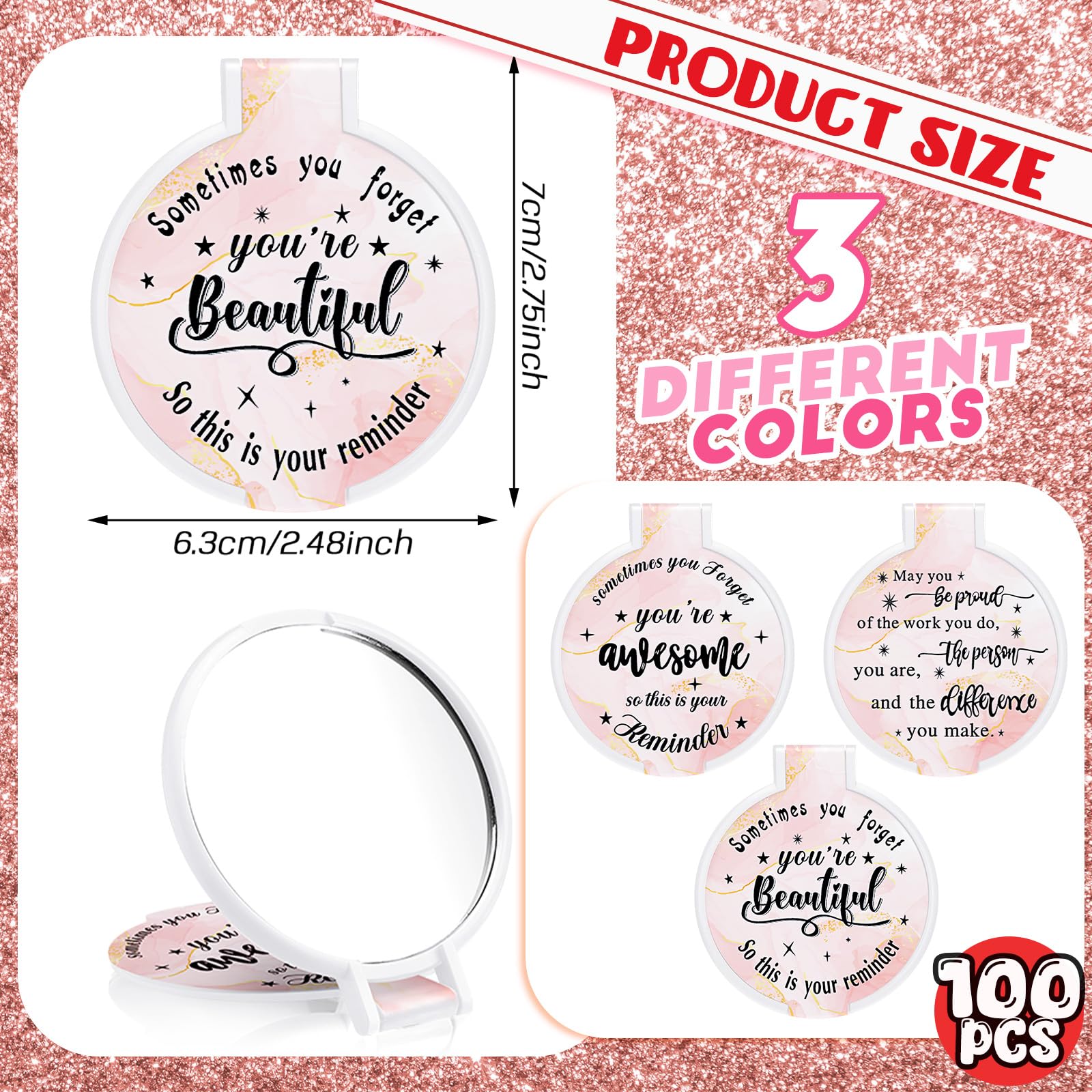 Miroir Wenqik avec phrases motivantes, rose clair, parfait pour rester positif