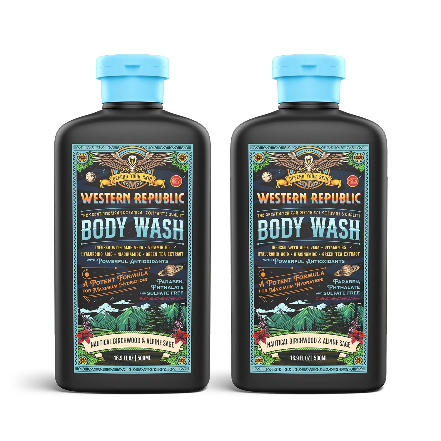 Bouteille Western Republic gel douche birchwood-sauge-alpine, parfum masculin rafraîchissant.