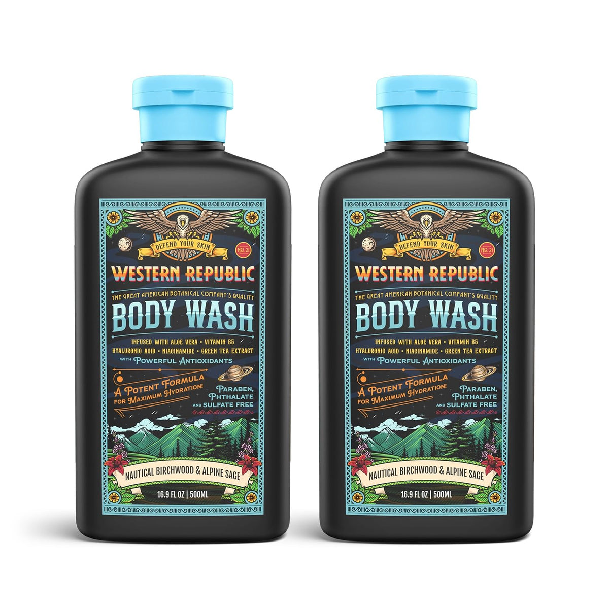 Bouteille Western Republic gel douche birchwood-sauge-alpine, parfum masculin rafraîchissant.