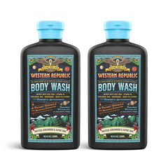 Bouteille Western Republic gel douche birchwood-sauge-alpine, parfum masculin rafraîchissant.