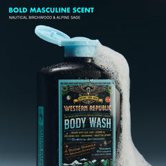 Texture mousseuse du gel douche Western Republic, application douce et hydratante.